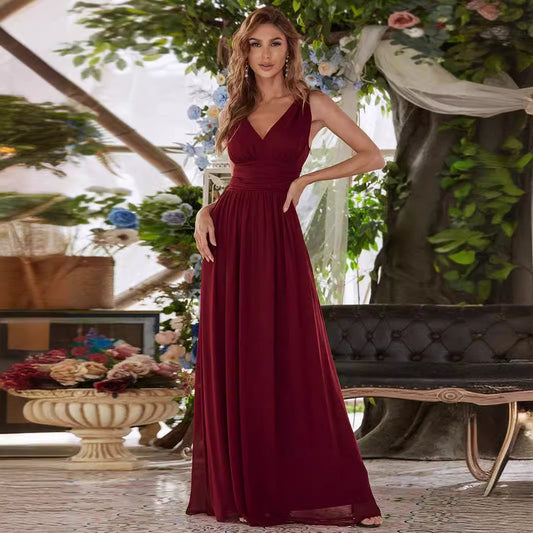 Plus Size Deep V-Neck Bridesmaid Dress | High Waist Elegant Evening Gown for Women