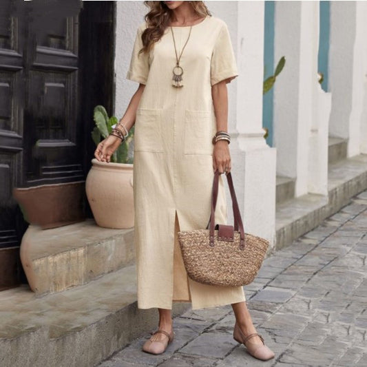 Cotton & Linen Solid Color Loose Round Neck Dress | Short Sleeve Casual Dress for Women