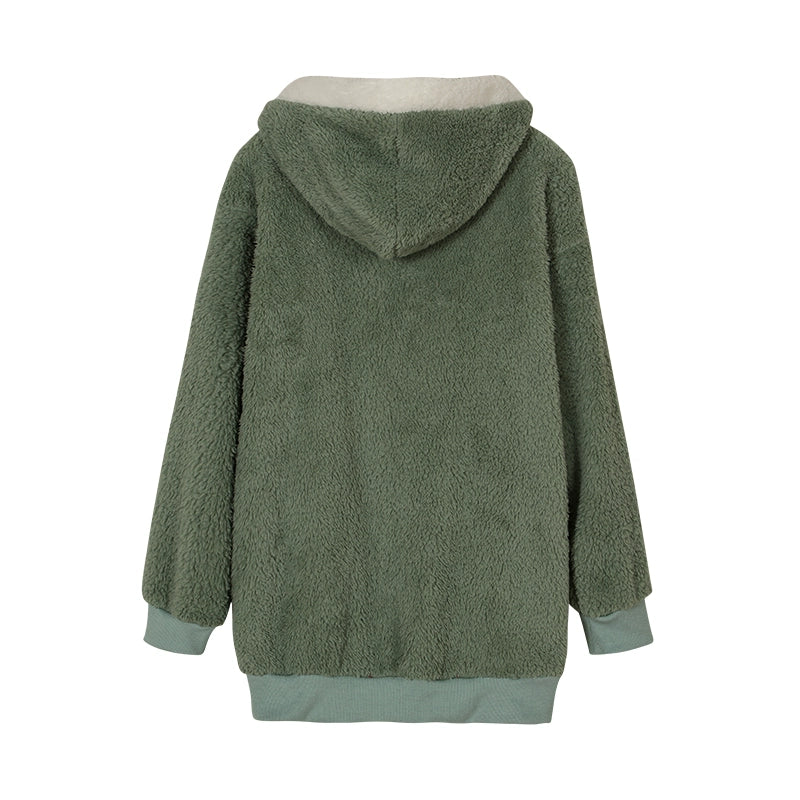 Autumn And Winter Loose Plush Zipper Hooded Jacket Woman