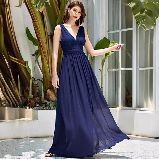 Plus Size Deep V-Neck Bridesmaid Dress | High Waist Elegant Evening Gown for Women