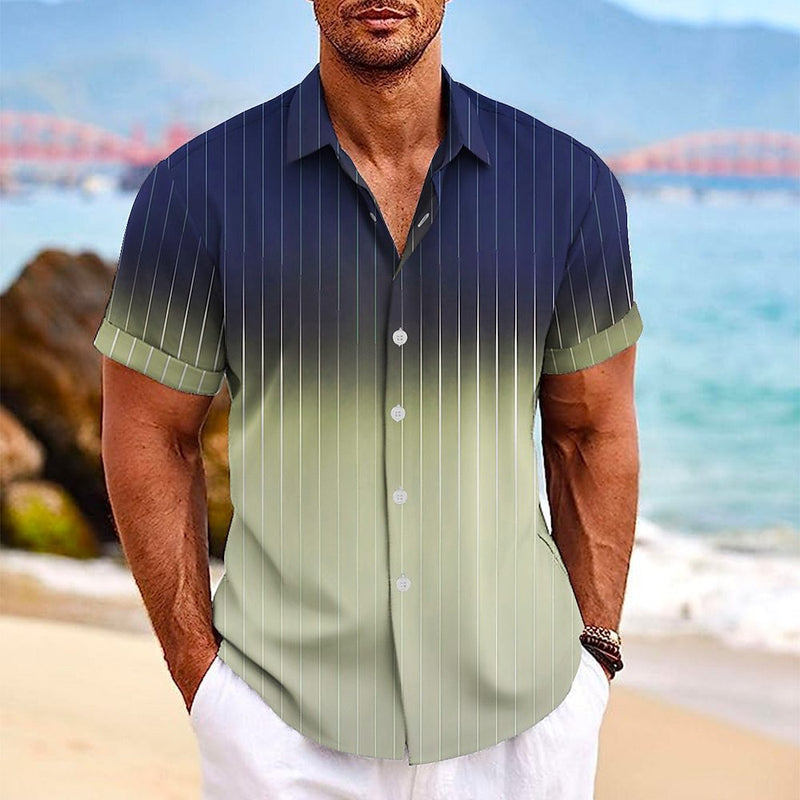 Lapel Button Short-sleeved Shirt Summer Fashion Gradient Striped Print Beach Shirt Leisure Tops Men's Clothing