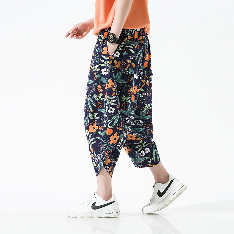 Ethnic Style Floral Lantern Cropped Pants For Men