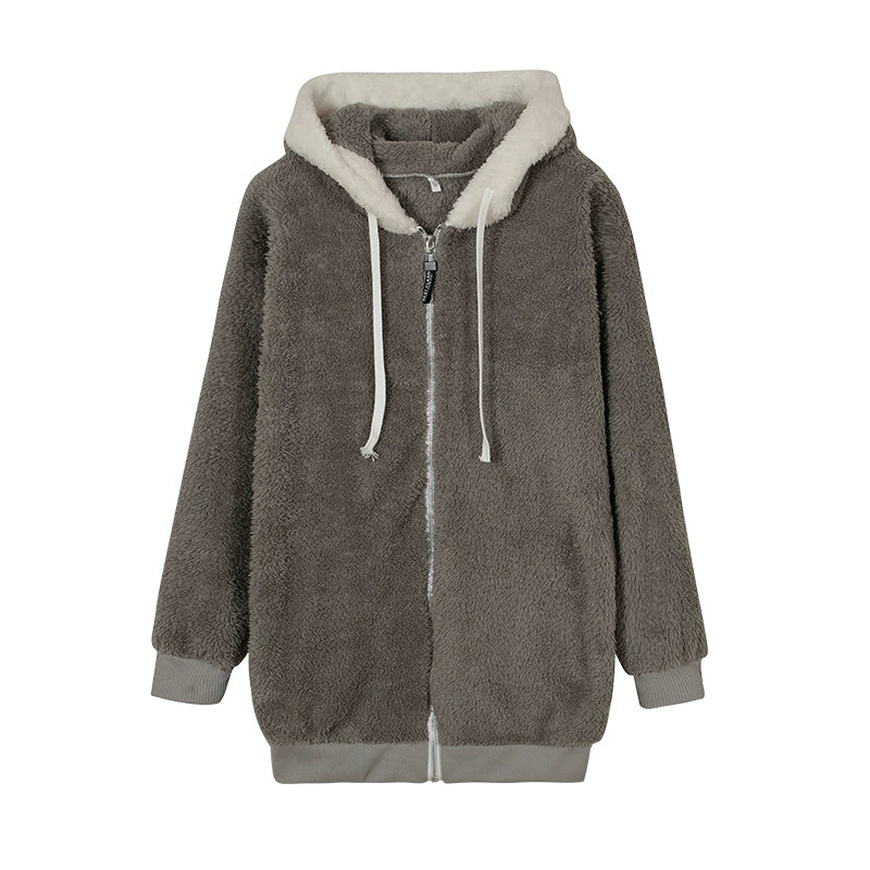 Autumn And Winter Loose Plush Zipper Hooded Jacket Woman