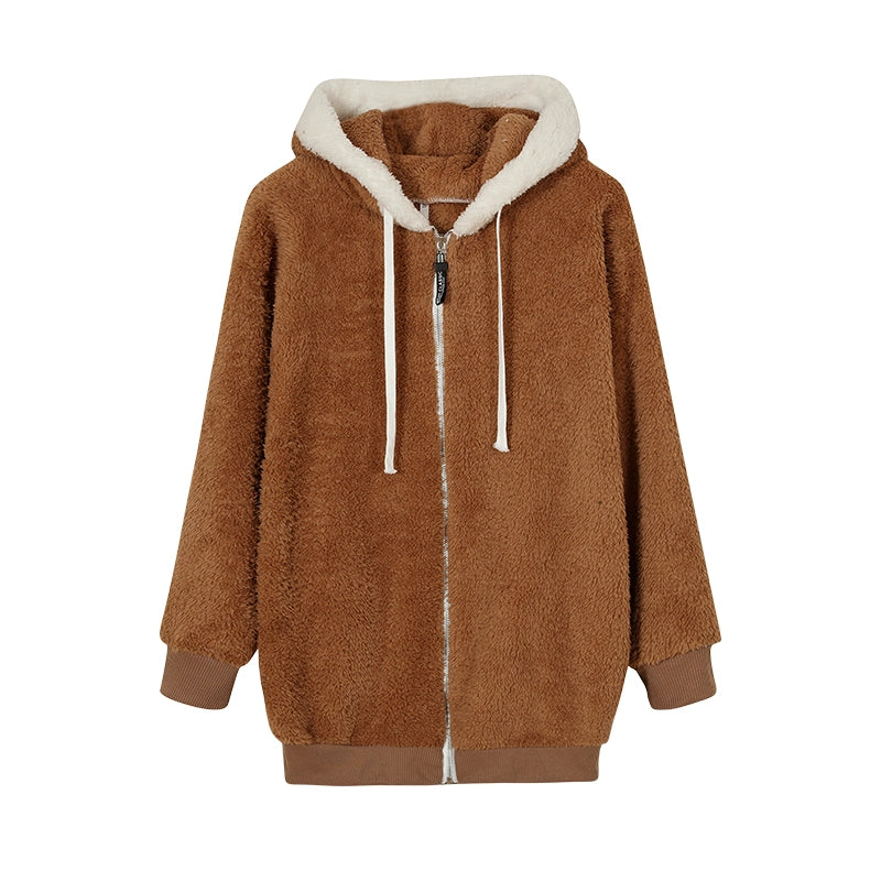 Autumn And Winter Loose Plush Zipper Hooded Jacket Woman