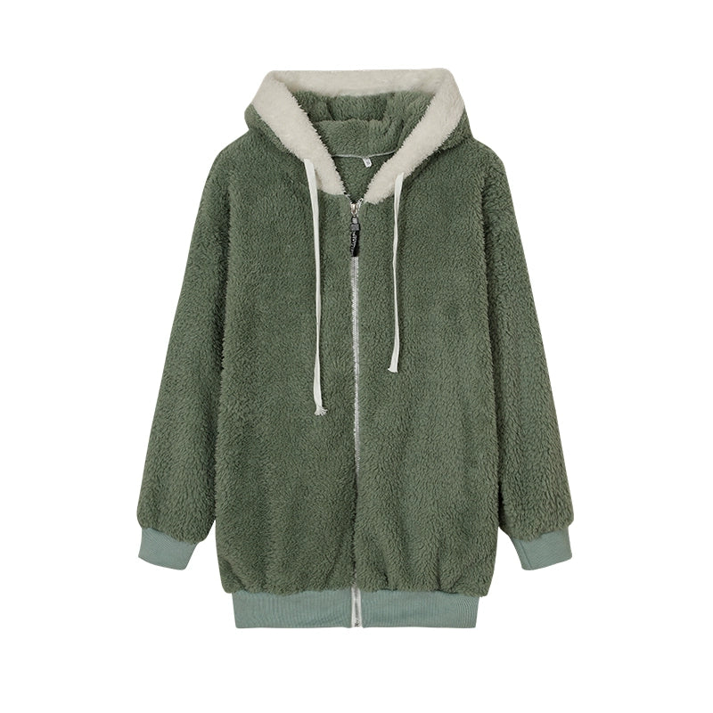 Autumn And Winter Loose Plush Zipper Hooded Jacket Woman