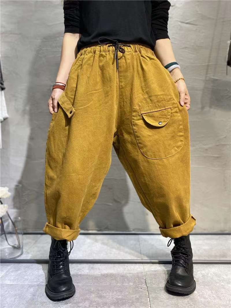 Korean Style Elastic Waistband Patch Pocket Overalls For Women