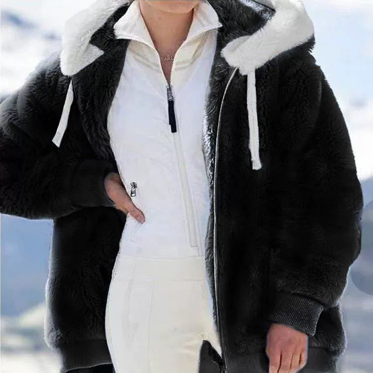 Autumn And Winter Loose Plush Zipper Hooded Jacket Woman