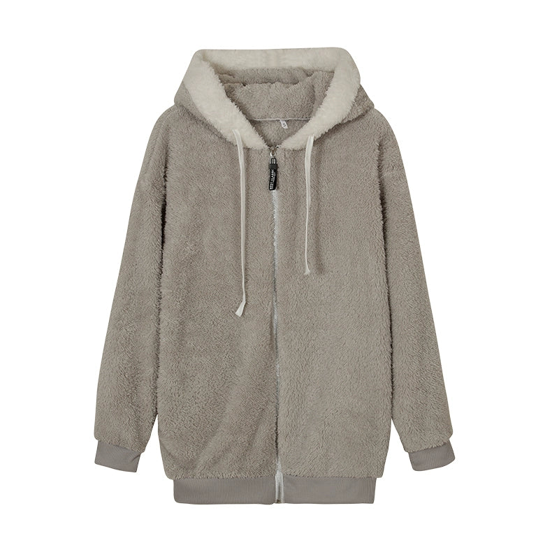 Autumn And Winter Loose Plush Zipper Hooded Jacket Woman