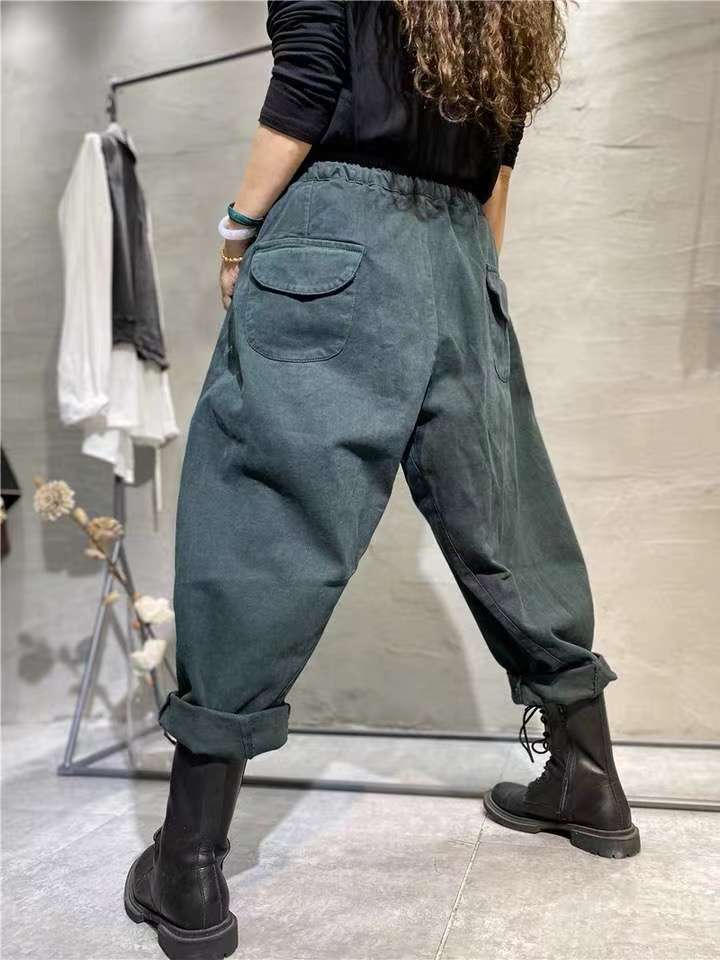 Korean Style Elastic Waistband Patch Pocket Overalls For Women