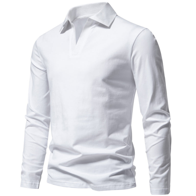 Retro Lapels Solid Color T-shirt Men's Fashion Long Sleeve Polo Shirt Bottoming Casual Top