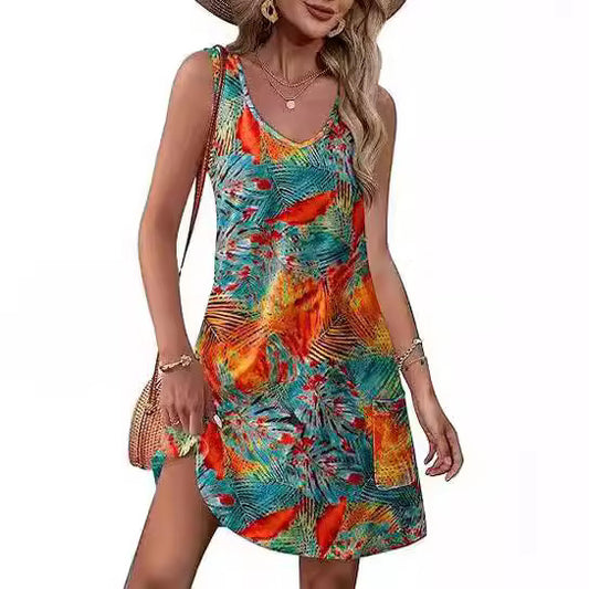 Women's Beach Vacation Sleeveless V-neck Loose Dress