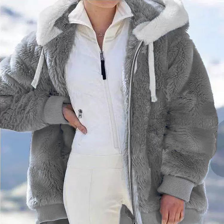 Autumn And Winter Loose Plush Zipper Hooded Jacket Woman