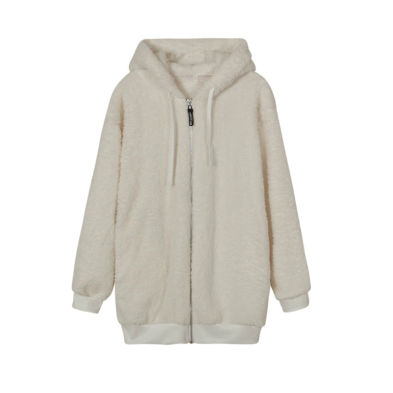 Autumn And Winter Loose Plush Zipper Hooded Jacket Woman