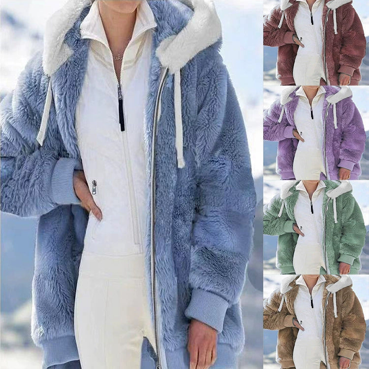 Autumn And Winter Loose Plush Zipper Hooded Jacket Woman