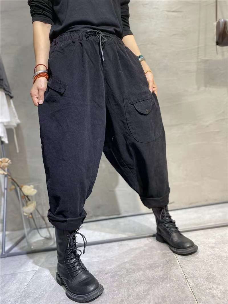 Korean Style Elastic Waistband Patch Pocket Overalls For Women