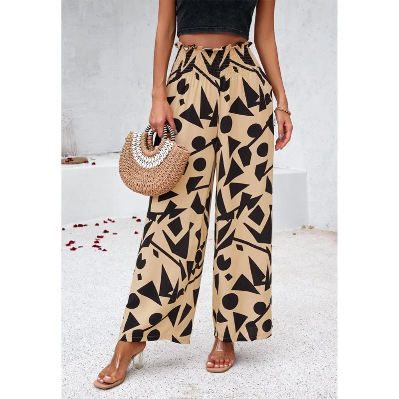 Women's Floral High Waist Wide Leg Pants Bohemian Summer Beach Palazzo Pants Trendy Long Trousers with Pockets