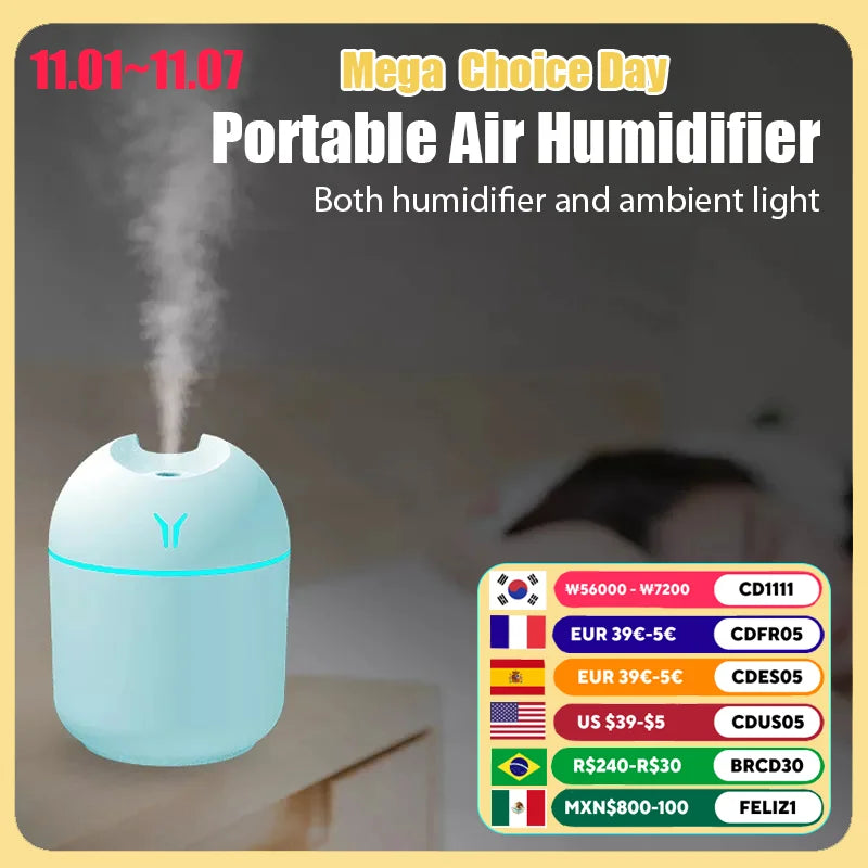 Mini Ultrasonic 250ML Air Humidifier Romantic Light USB Essential Oil Diffuser Car Purifier Aroma Anion Mist Maker Humidifier