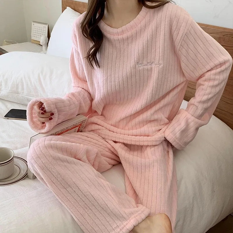 Women Velvet Pajama Set Fleecing Warm Loose Top And Elastic Waist Pants Home Casual Warm Woolen Suit Women 2023 Autumn Winter