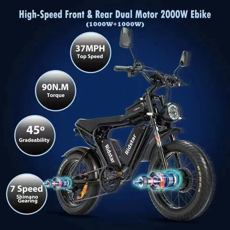 Electric Bicycle Mountain 2000W Powerful Motor 52V40AH 20*4.0 Inch Fat Tire Ebike Snow Hydraulic disc brake Adult Electric Bike