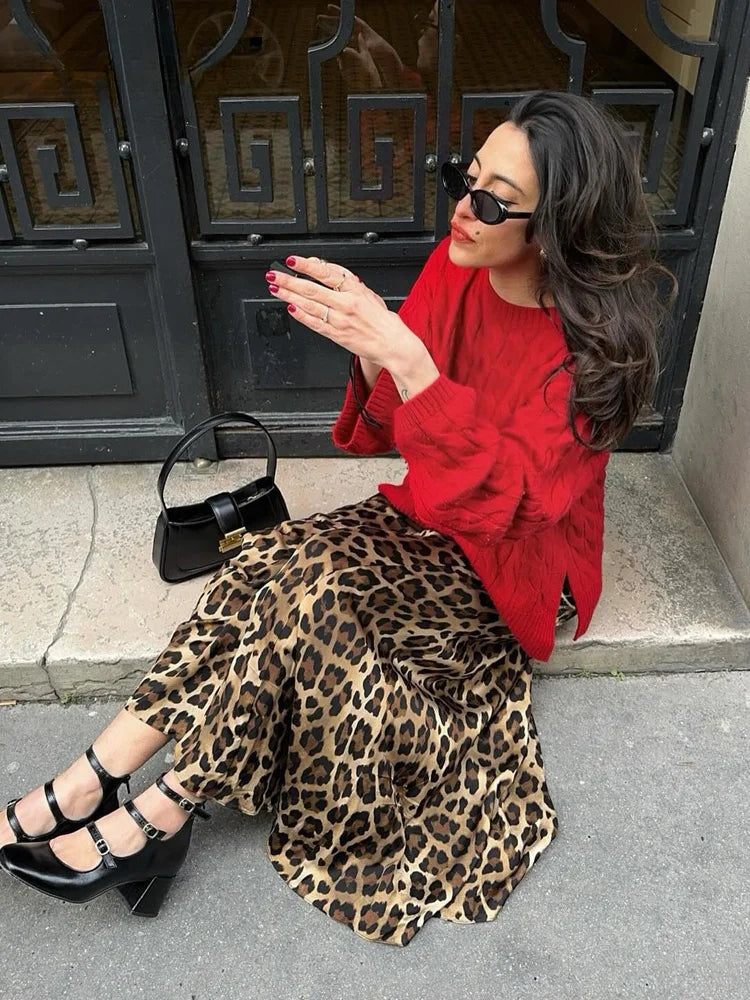 ASDS 2024 Vintage Women's Leopard Print Satin Skirt Female Summer High Waist Midi Skirt Woman Fashion Elegant Long Skirts