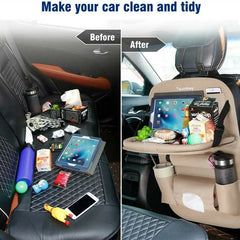 Premium PU Leather Car Seat Back Organizer with Foldable Table Tray – Multi-Pocket Storage & Kick Mat Protection
