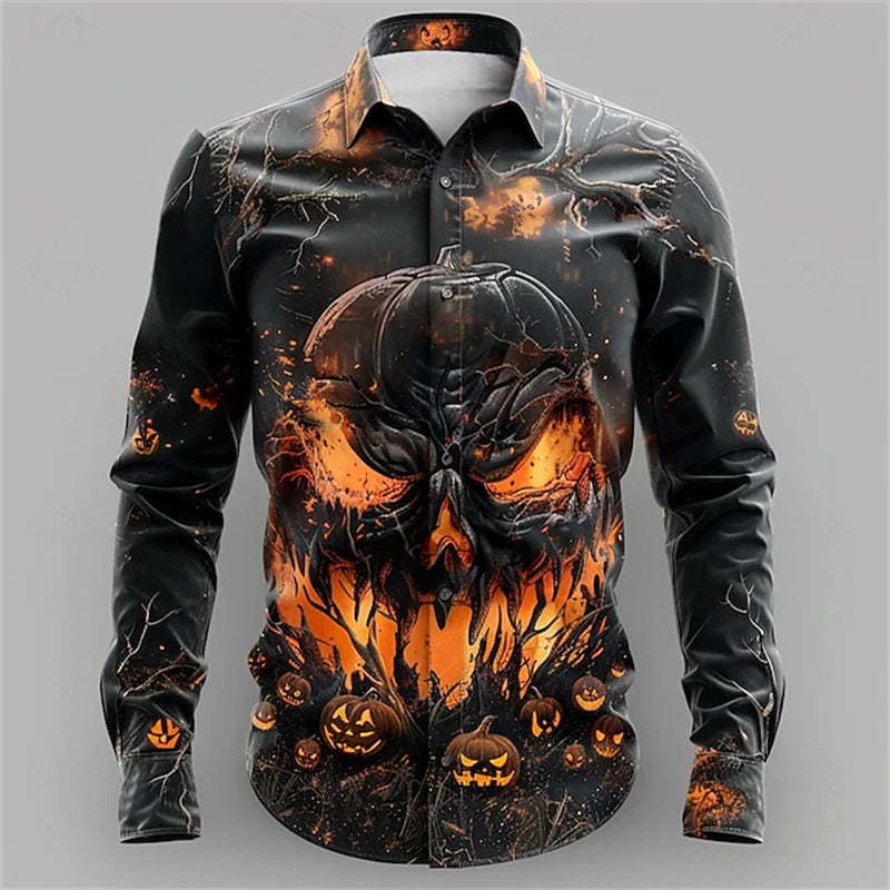 2024 New Men's Halloween Fashion Shirt 3D Devil Pumpkin Print Long Sleeve Halloween Street Buttoned Single Breasted Shirt S-5XL