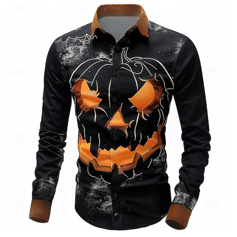 2024 New Men's Halloween Fashion Shirt 3D Devil Pumpkin Print Long Sleeve Halloween Street Buttoned Single Breasted Shirt S-5XL