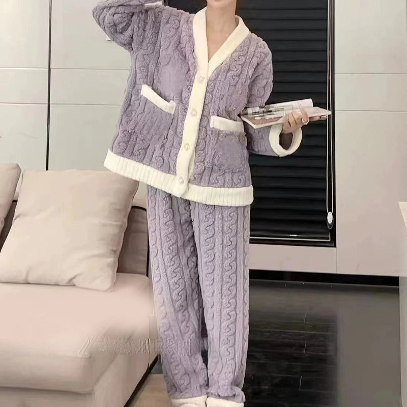 Women Velvet Pajama Set Fleecing Warm Loose Top And Elastic Waist Pants Home Casual Warm Woolen Suit Women 2023 Autumn Winter