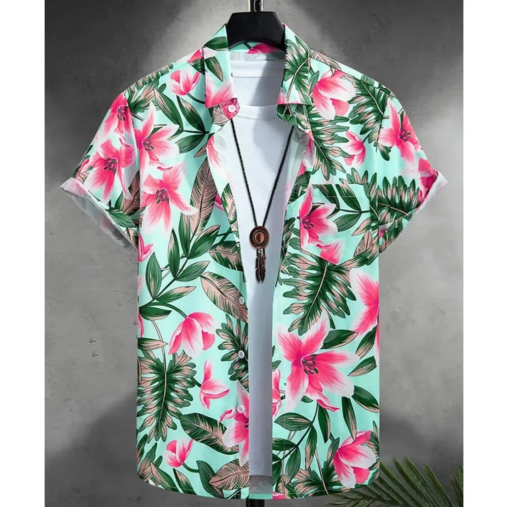 Summer Animal Crane Men's Hawaiian Shirt – 3D Plant & Flower Print Beach Shirt, Plus Size up to 5XL