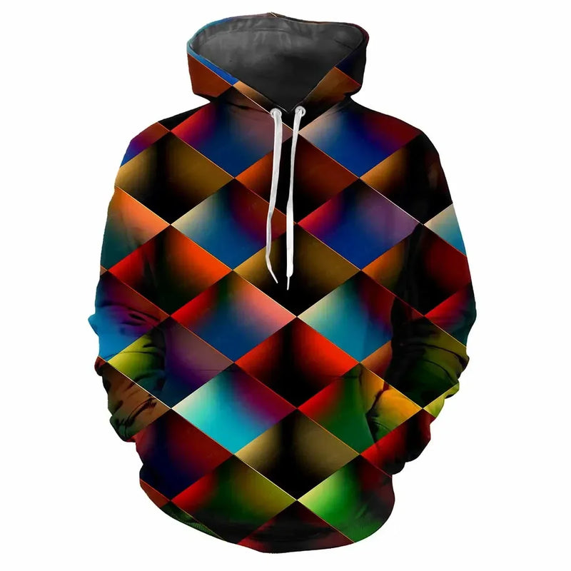 Trendy men's Hoodie Printed  Color Lattice Patterns Digital Printing Casual Long Sleeved Hooded Thick Fabric Tops