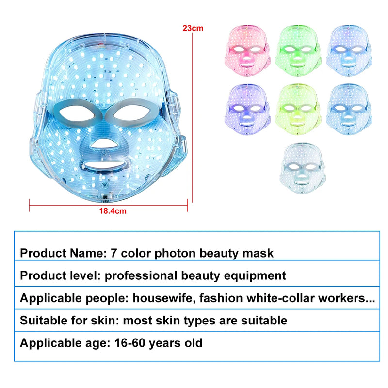 LED Facial Mask Photon Therapy Brightening 7 Colors Face Skin Rejuvenation Acne Care Shrinking Pores Anti-Wrinkle Home Facial