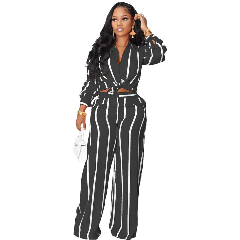 Women 2 Pieces Set Striped Shirt & Wide Leg Pants Set Clothes Suit Long Sleeve Casual Flower Shirts Streetwear Pants Set