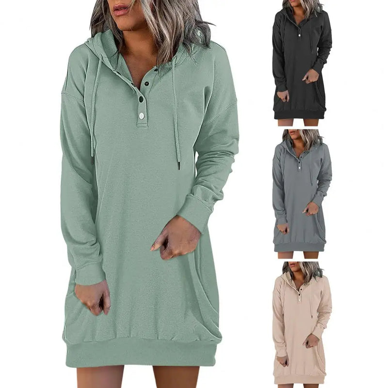 Women's Casual Hooded Dress Fall Long Sleeve Sweatshirt Button Down Neck Drawstring Pullovers Lightweight Hoodies Dress