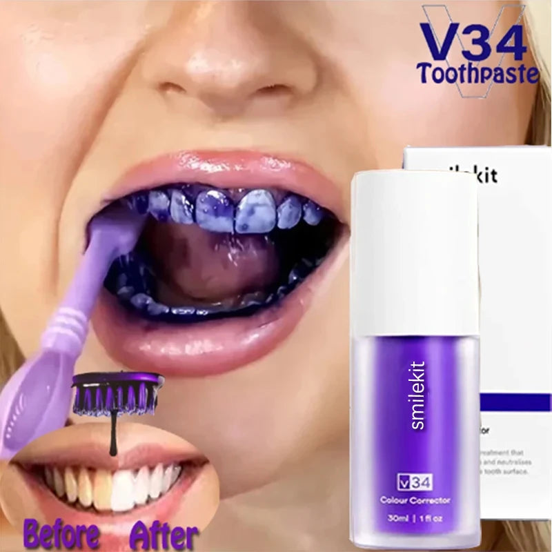 30ml V34 SmileKit Purple Toothpaste Removes Tartar Clean Oral Hygiene Fresh Breath Whitening Teeth Care Products