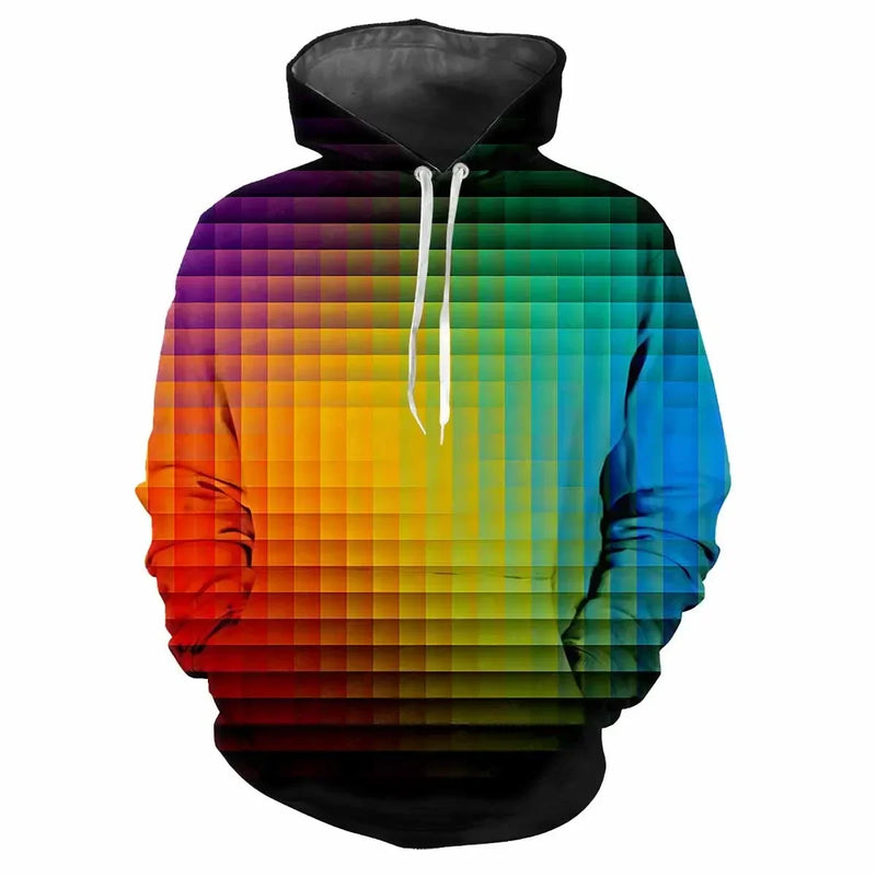 Trendy men's Hoodie Printed  Color Lattice Patterns Digital Printing Casual Long Sleeved Hooded Thick Fabric Tops