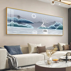 Chinese Style Golden Leaves & Deer Canvas Painting – Feng Shui Mountain Wall Art for Living Room (Unframed)