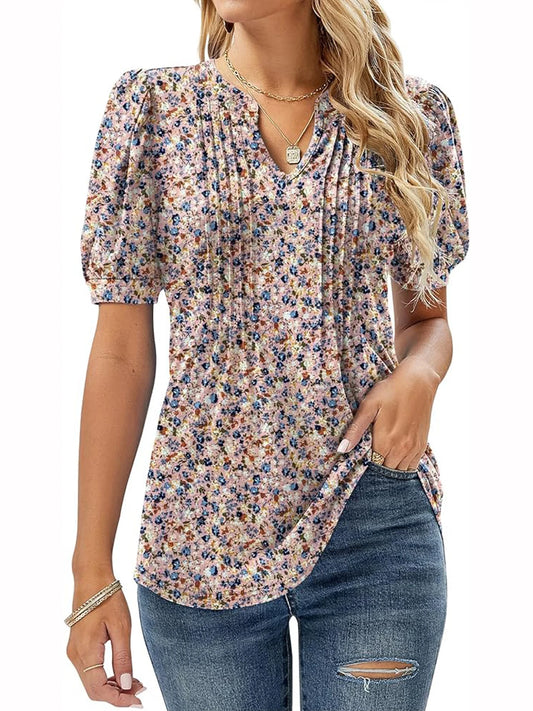 Women's V-Neck Tunic Top – Puff Pleated Short Sleeve Summer Blouse | Casual & Workwear Fashion Shirt