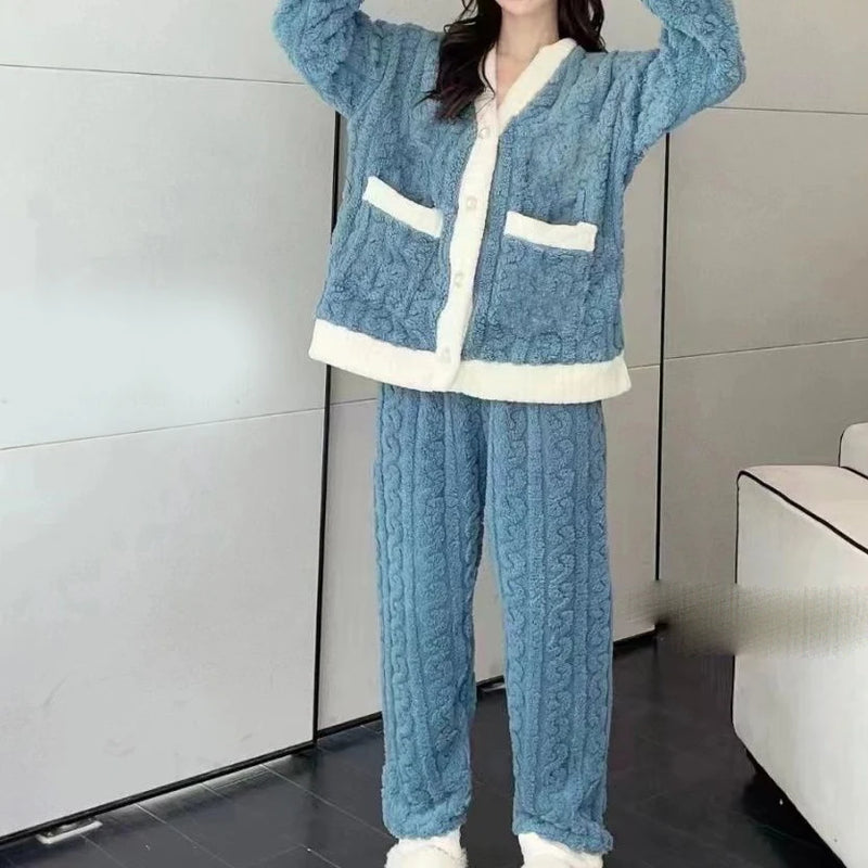 Women Velvet Pajama Set Fleecing Warm Loose Top And Elastic Waist Pants Home Casual Warm Woolen Suit Women 2023 Autumn Winter