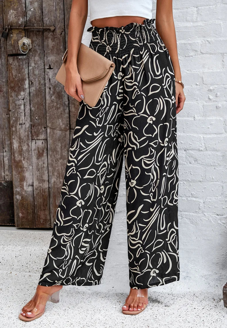 Print Floral Casual Pants Fashion Women Office Sweet High Waist Wide Leg Long Pants New 2024 Holiday Loose Trousers