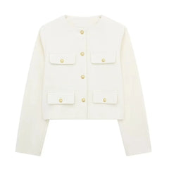 Women Elegant Cropped Jacket 2024 Women's Fashion Jacket O-Neck Long Sleeved Flip Pocket Coat Female Casual Outwear Tops