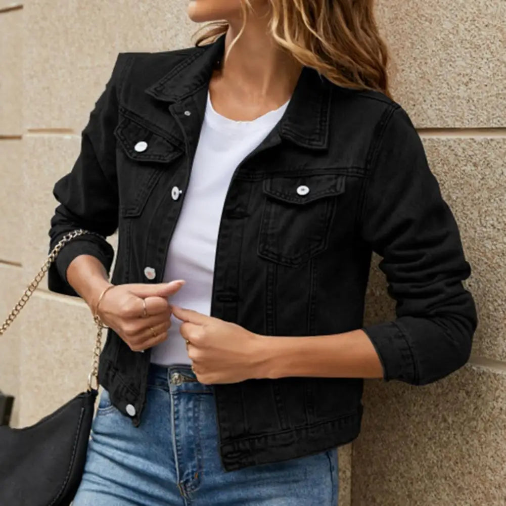 Women Denim Jacket Short Slim Korean Single Breasted Long Sleeve Coat Jean Cardigan Slim Solid Vintage Outwears High Street Chic