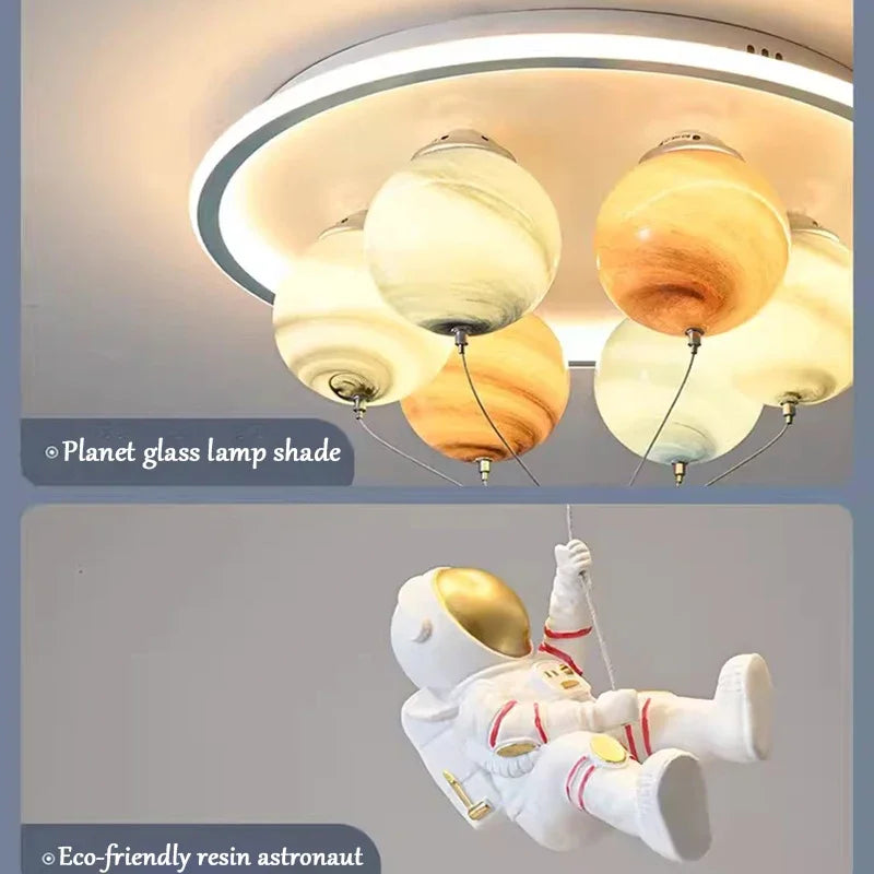 Modern Astronaut Led Ceiling Light with Creative Planet and Flying Spaceship Design for Kids' Room Decor