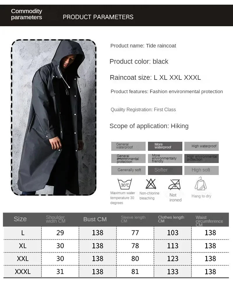 Black Fashion Adult Waterproof Long Raincoat Ladies Men Raincoat Hooded Outdoor Hiking Trip Fishing Mountaineering