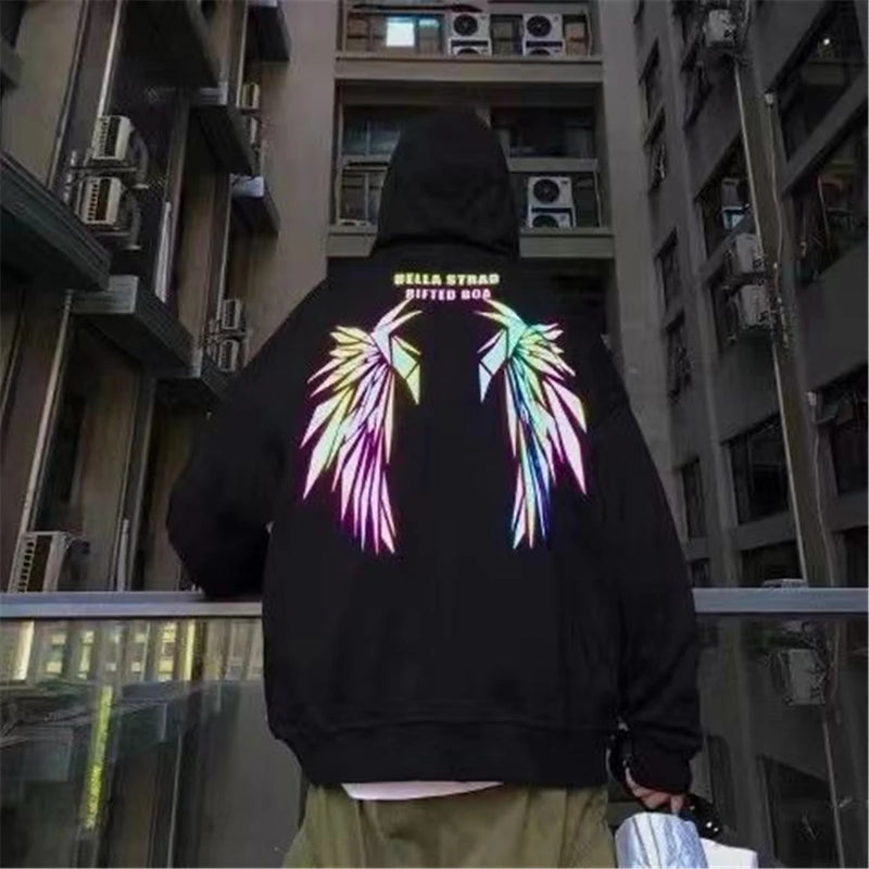 Spring Hip Hop Streetwear Harajuku Reflective Wing Printing Pullover Fashion Hooded Sweatshirt Male Clothing