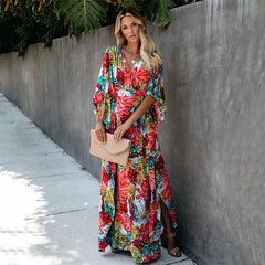 Plus Size Women’s Summer Loose Kimono Maxi Dress Wrap V Neck 3/4 Sleeve Floral Print Slit Long Dresses