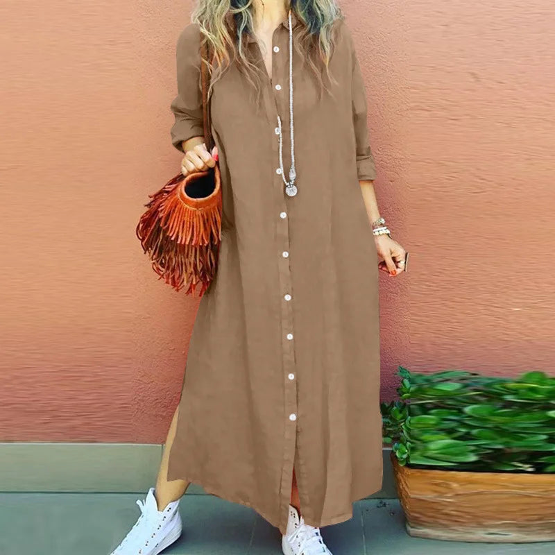 Women Cotton Linen Shirt Long Dress Casual Long Sleeve Open Shirt Skirt Comfortable Korean Style