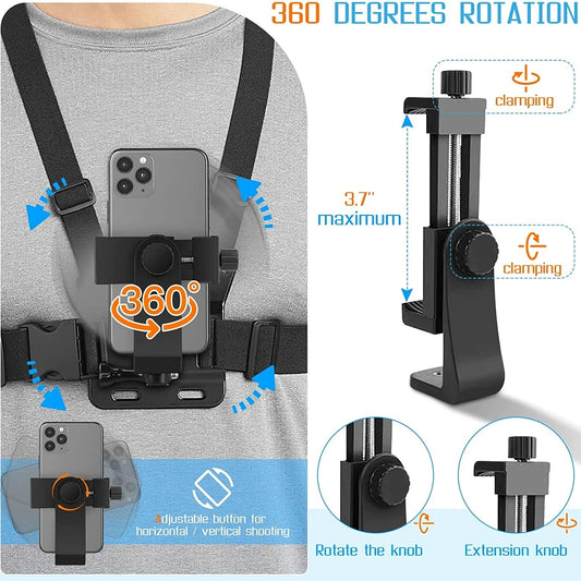 Smartphone & Action Cam Chest Strap Mount - Wireless POV Holder for iPhone, GoPro, and DJI Live Shooting