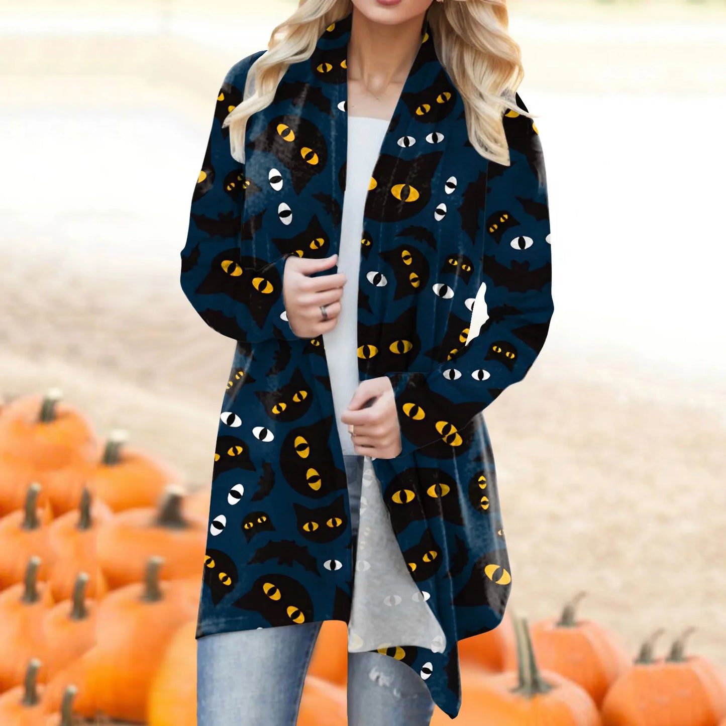 Women‘s Cardigan Fashion Halloween Print Western Ethnic Jacket Long Sleeve Coat Female Autumn Winter Plus Size Clothes