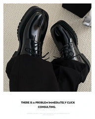 Black Glossy Tabi Shoes for Men: Split Toe Leather Derby | British Retro Platform Sole Niche Design | Luxury Low-Top Lace-Up Loafers for Men