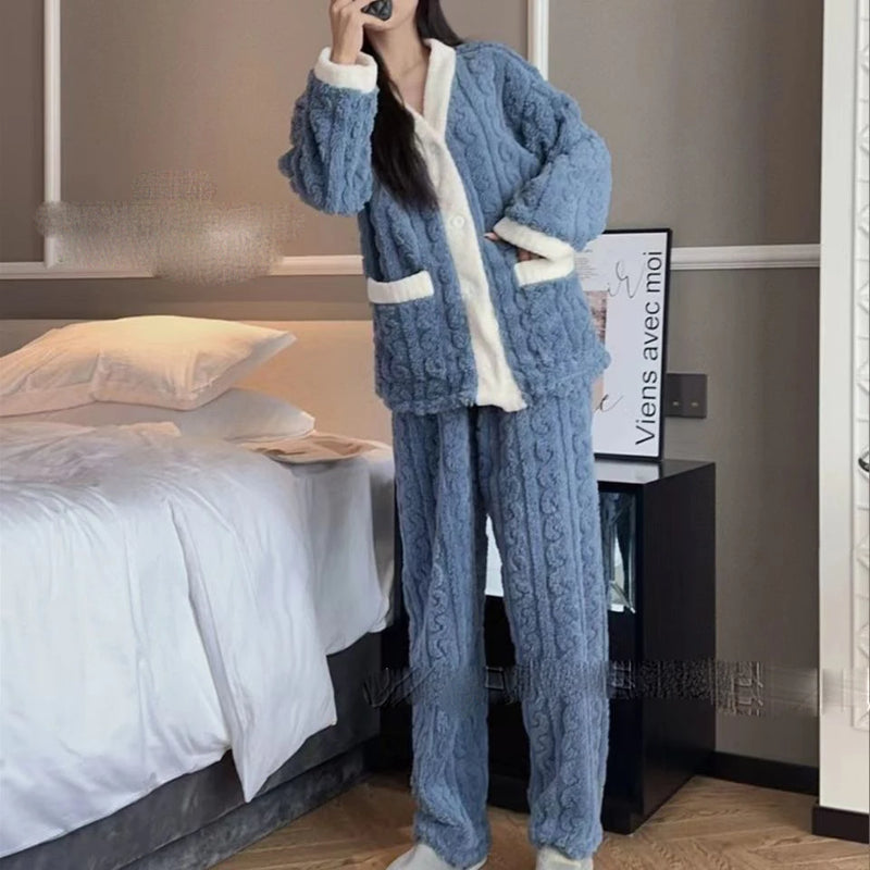 Women Velvet Pajama Set Fleecing Warm Loose Top And Elastic Waist Pants Home Casual Warm Woolen Suit Women 2023 Autumn Winter